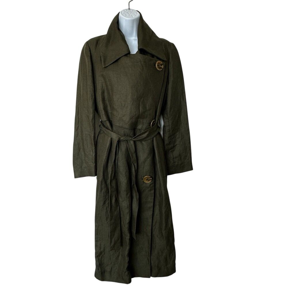 Uterque Linen Trench Coat Sz M Asymmetrical Olive Green NWOT